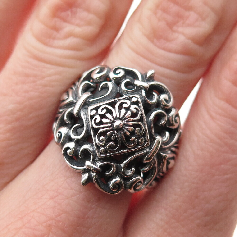 Sarda 925 Sterling Silver Vintage Fleur de Lis Floral Oxidized Ring Size 7